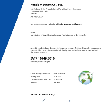 KONDO VIETNAM Co., Ltd (Công ty con của Niken VIET NAM JSC) Chính Thức Đạt Chứng Nhận IATF 16949:2016